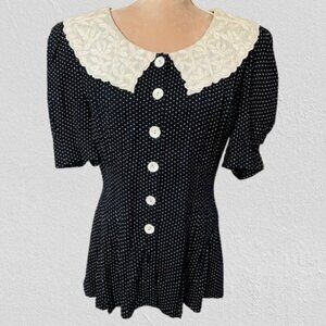 Vintage Pearl Beaded & Embroidered Sailor Collar Cottagecore Blouse 10